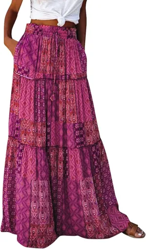 Maxi Skirts for Women,Elastic High Waisted Drawstring Ruffle Hem Bohemian Flowy Skirts Trendy 2025 Summer Vacation