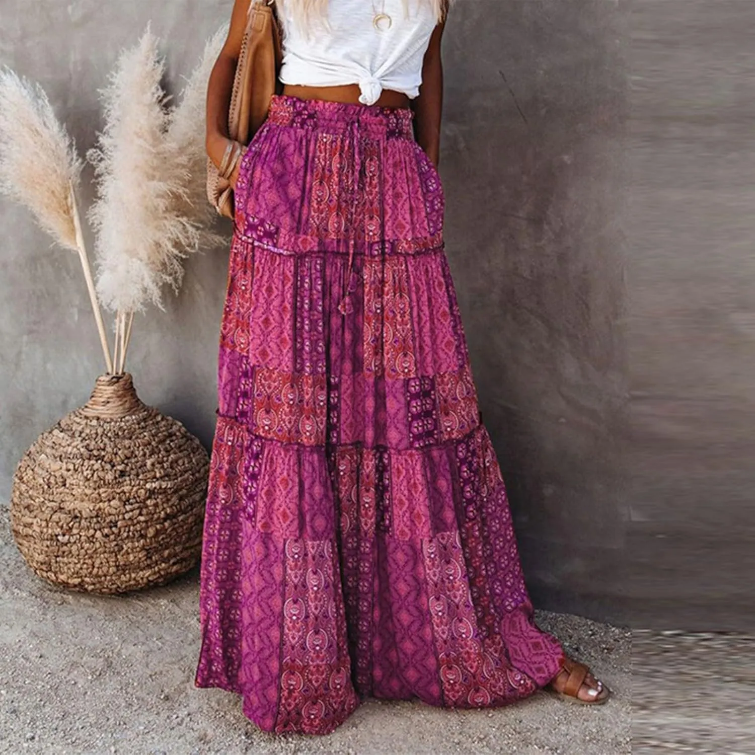 Maxi Skirts for Women,Elastic High Waisted Drawstring Ruffle Hem Bohemian Flowy Skirts Trendy 2025 Summer Vacation