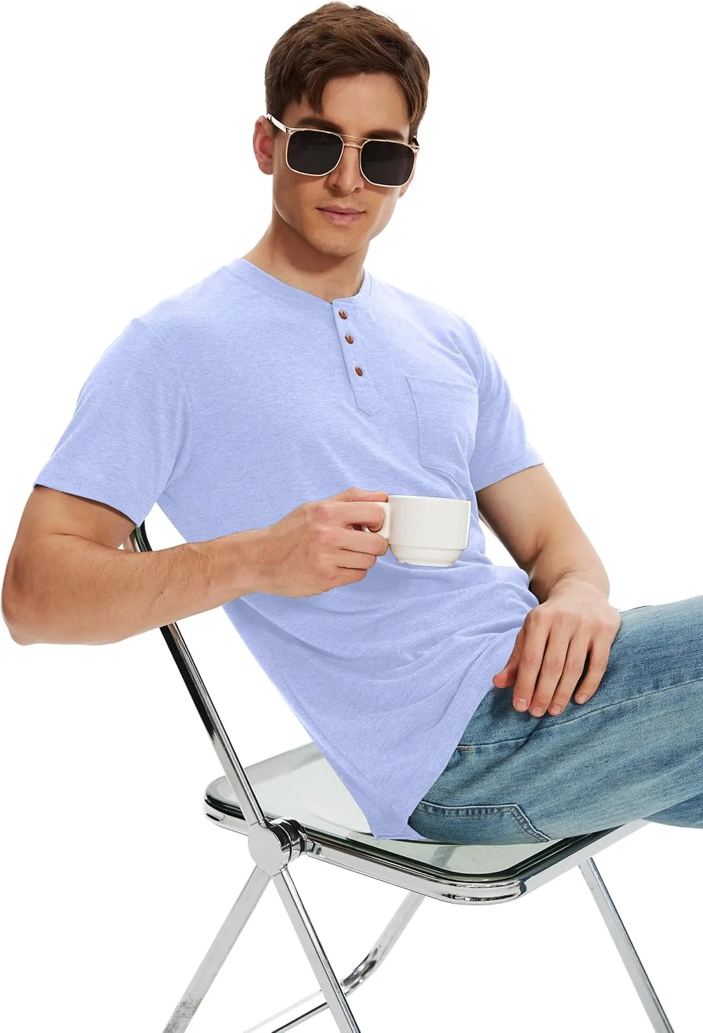 Men Henley Shirt Short Sleeve Summer T-Shirt with Pocket Solid Button Tee Top
