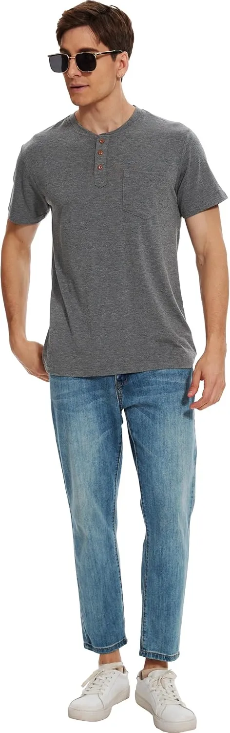 Men Henley Shirt Short Sleeve Summer T-Shirt with Pocket Solid Button Tee Top