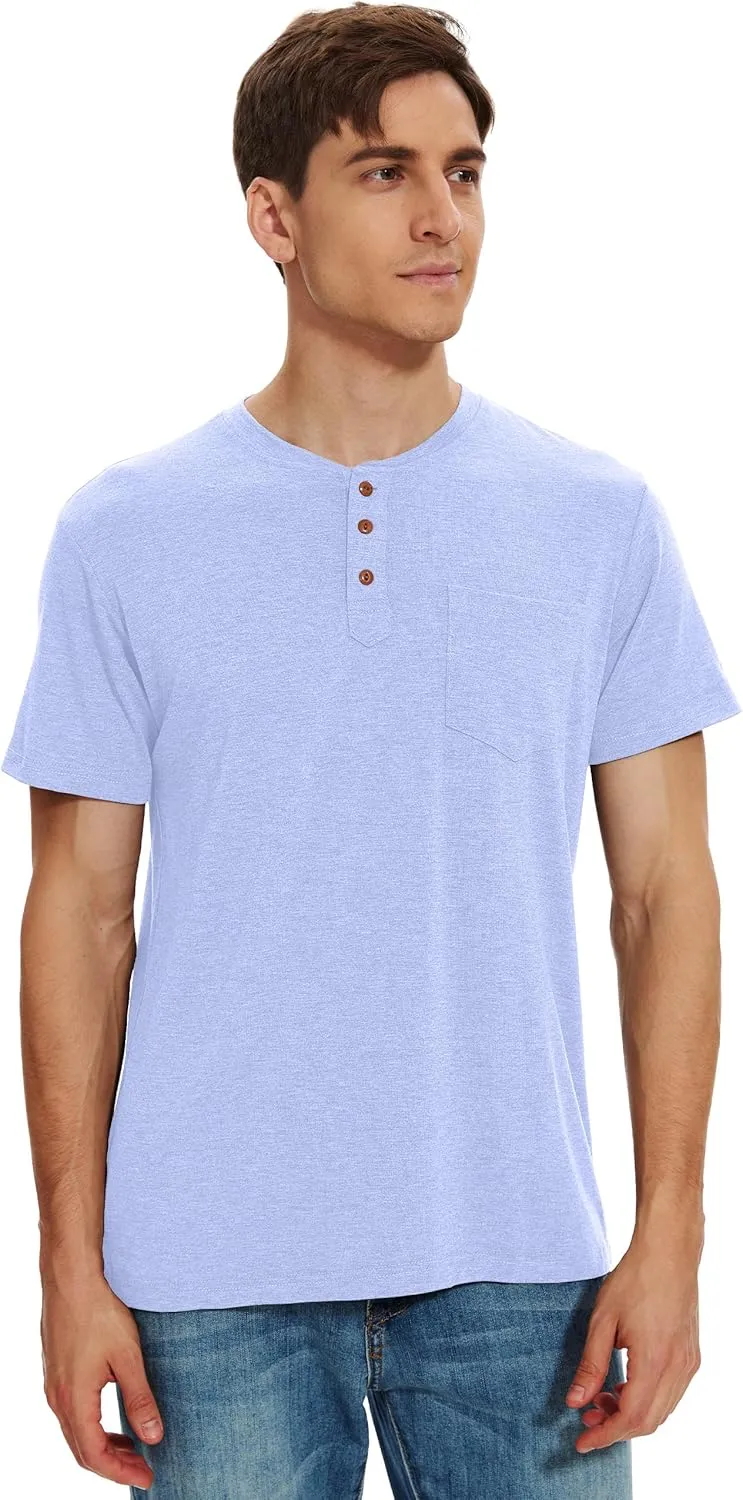 Men Henley Shirt Short Sleeve Summer T-Shirt with Pocket Solid Button Tee Top