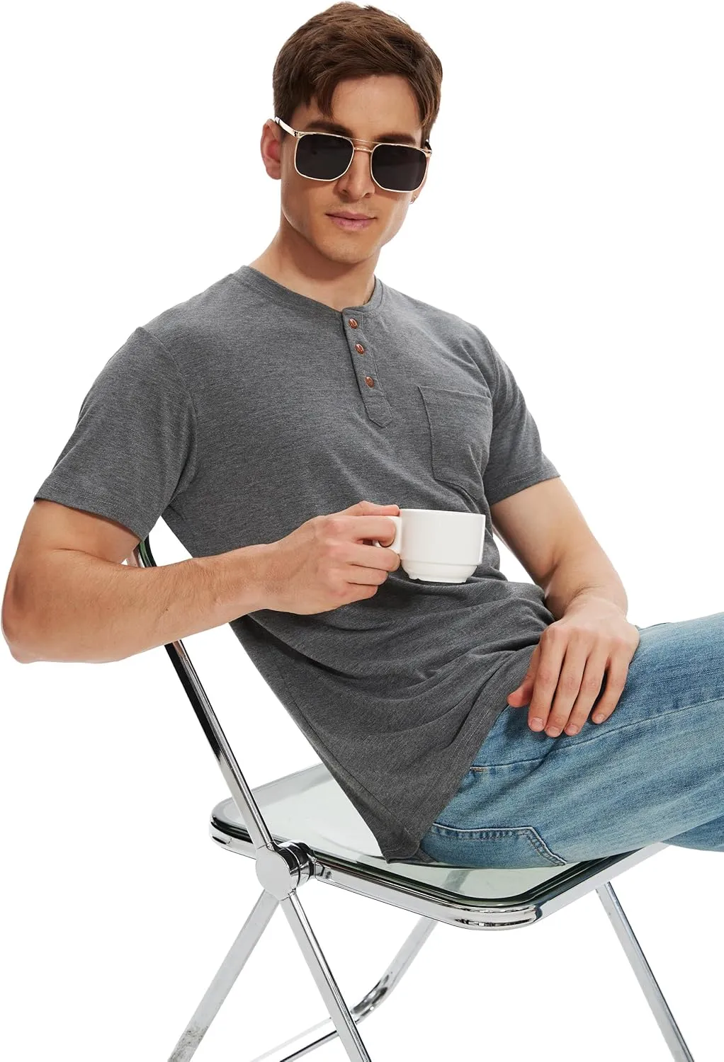 Men Henley Shirt Short Sleeve Summer T-Shirt with Pocket Solid Button Tee Top