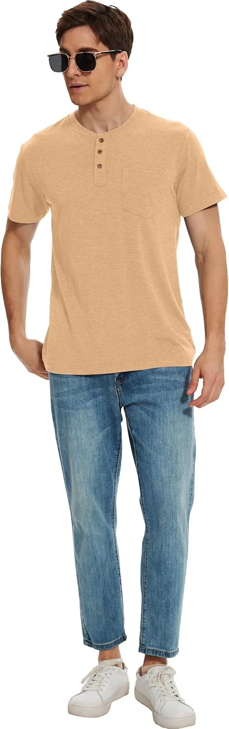 Men Henley Shirt Short Sleeve Summer T-Shirt with Pocket Solid Button Tee Top
