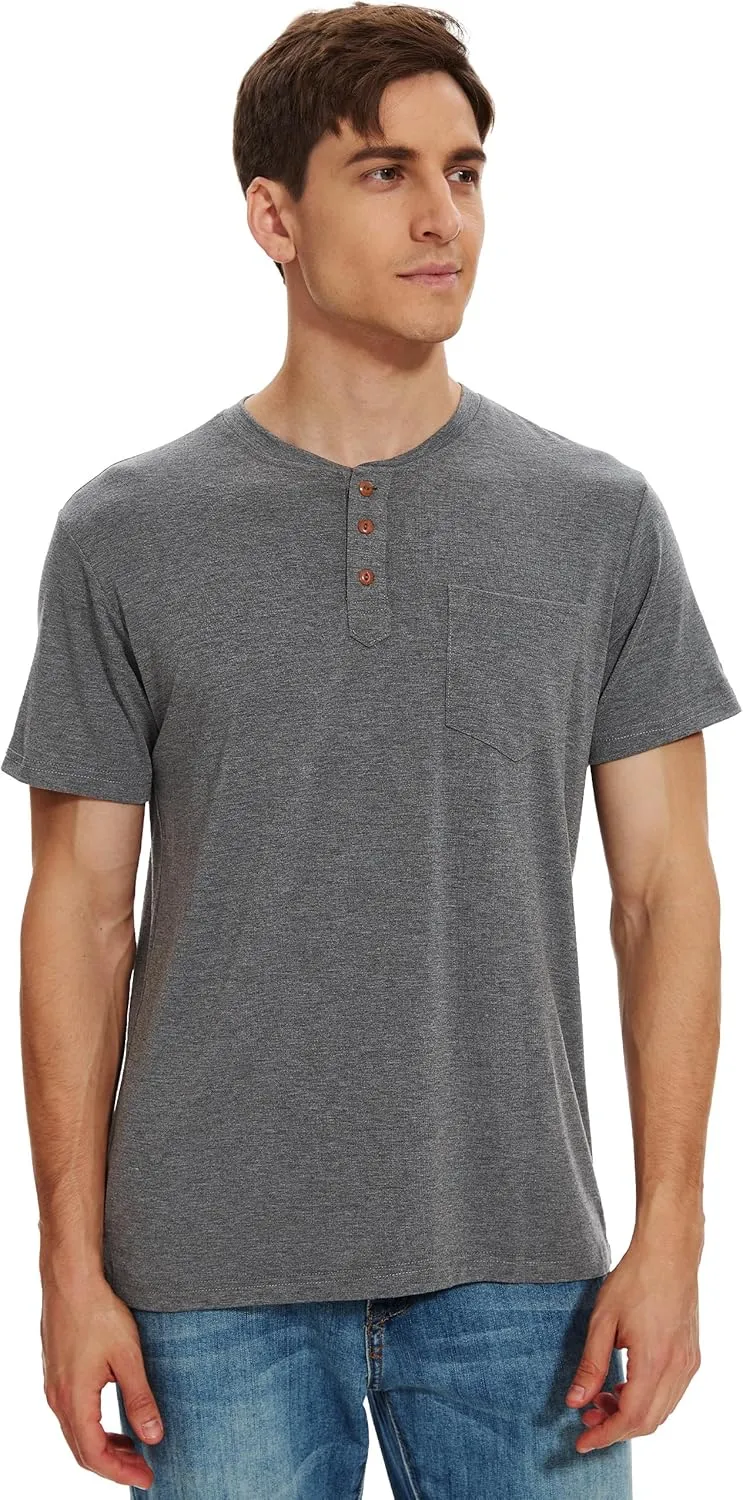 Men Henley Shirt Short Sleeve Summer T-Shirt with Pocket Solid Button Tee Top