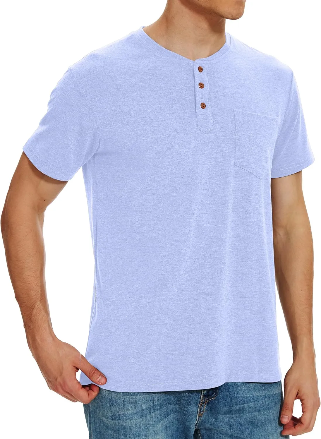 Men Henley Shirt Short Sleeve Summer T-Shirt with Pocket Solid Button Tee Top