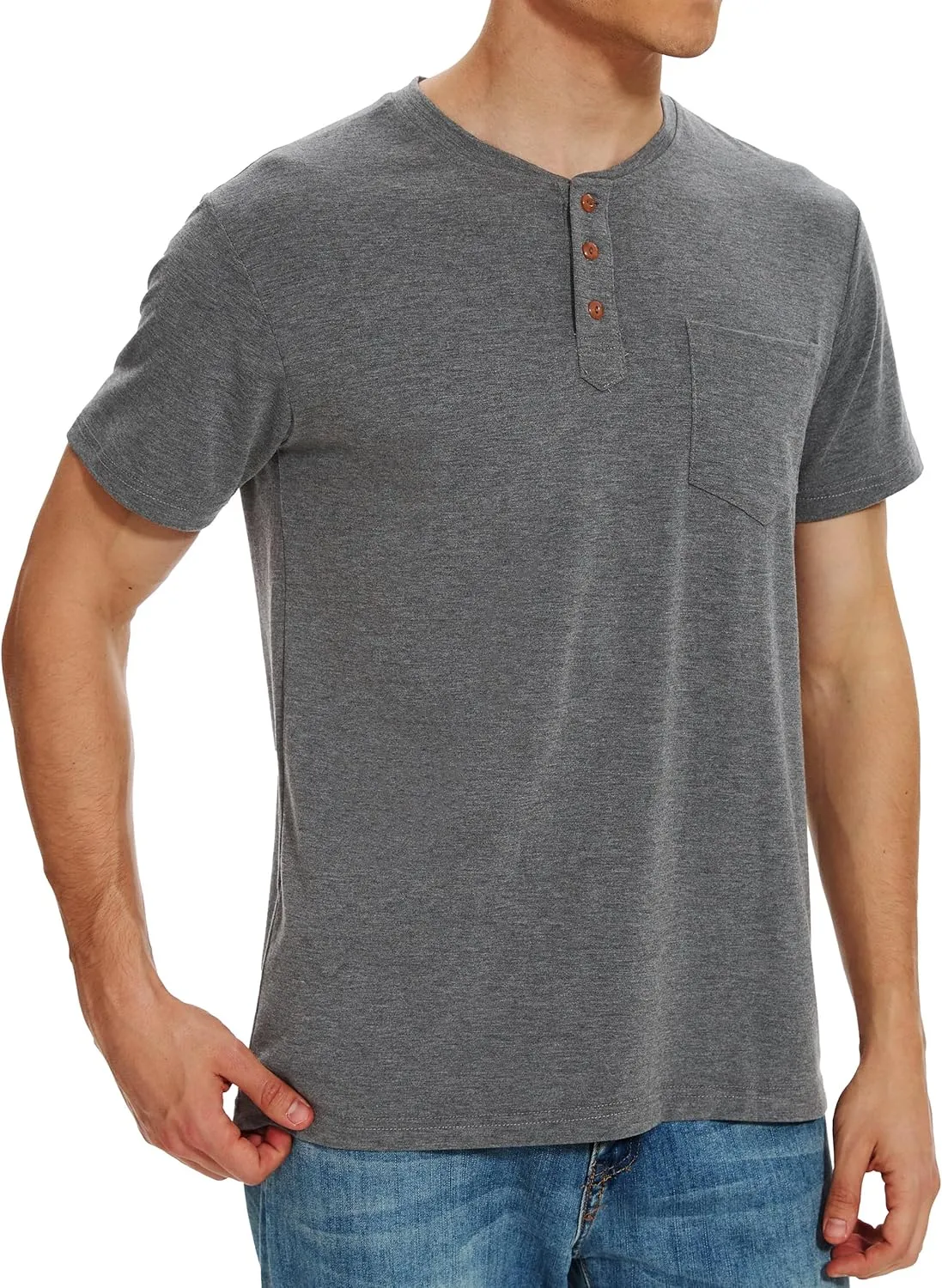 Men Henley Shirt Short Sleeve Summer T-Shirt with Pocket Solid Button Tee Top