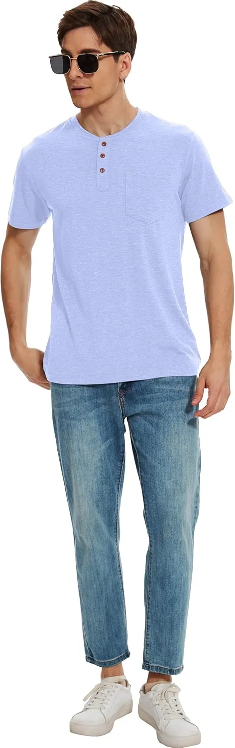 Men Henley Shirt Short Sleeve Summer T-Shirt with Pocket Solid Button Tee Top