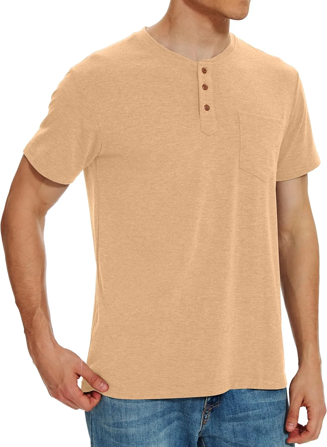 Men Henley Shirt Short Sleeve Summer T-Shirt with Pocket Solid Button Tee Top