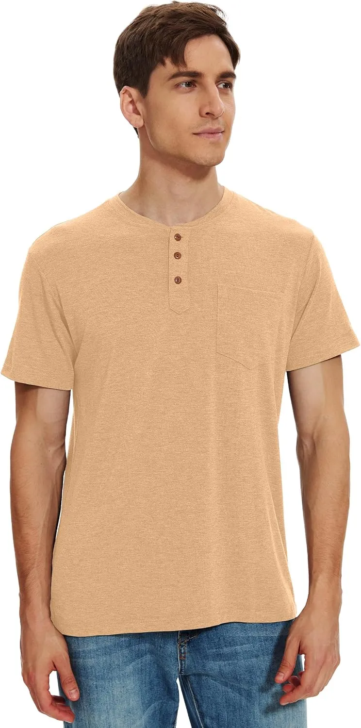Men Henley Shirt Short Sleeve Summer T-Shirt with Pocket Solid Button Tee Top