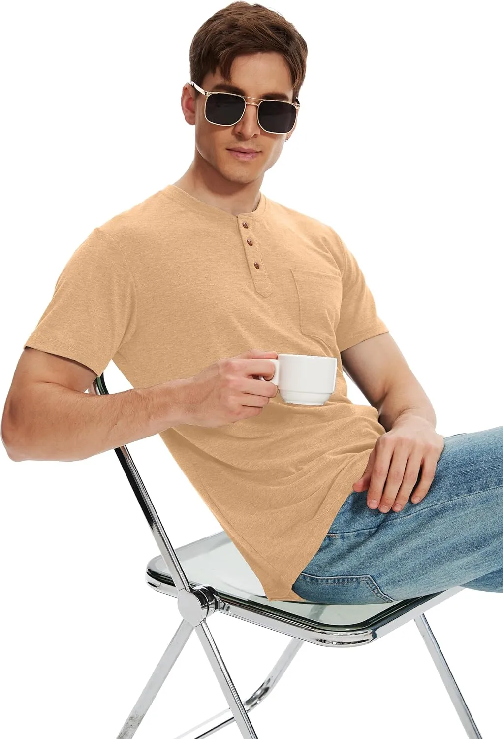 Men Henley Shirt Short Sleeve Summer T-Shirt with Pocket Solid Button Tee Top