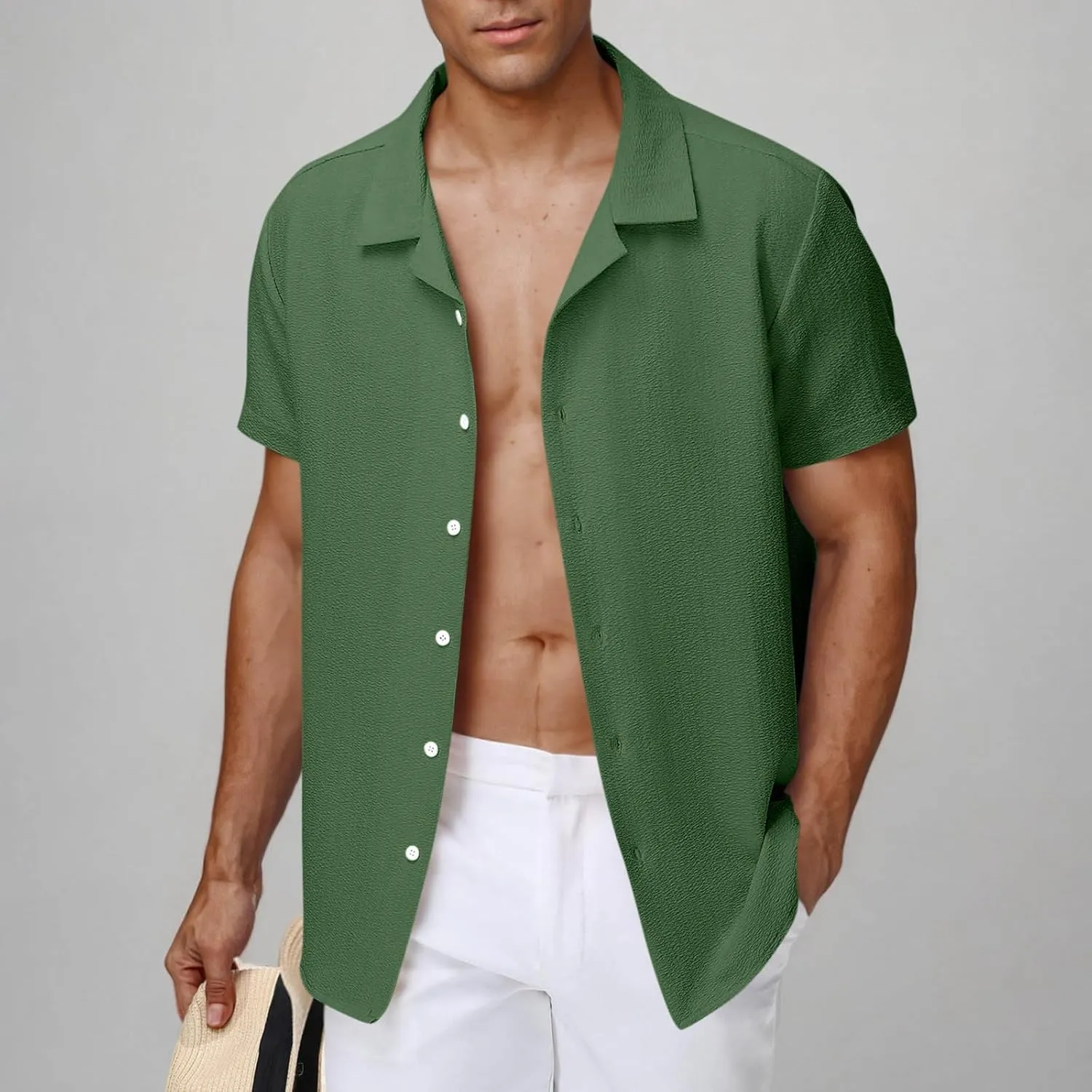 Men's Button Down Short Sleeve Shirts Dressy Casual Lapel Collar Textured Top Summer Beach Vacation Wedding Shirts