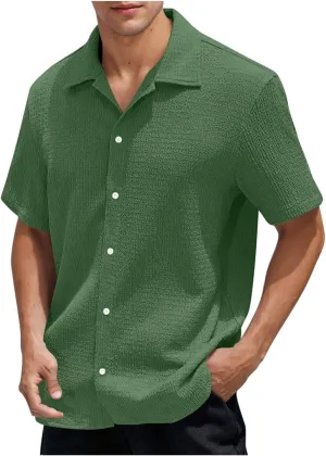Men's Button Down Short Sleeve Shirts Dressy Casual Lapel Collar Textured Top Summer Beach Vacation Wedding Shirts