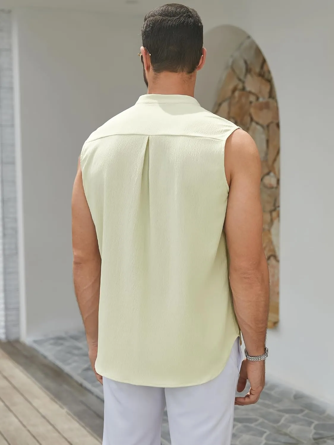 Men's Button Down Sleeveless Shirts Summer Beach Tank Tops Casual Textured Tank T-Shirt