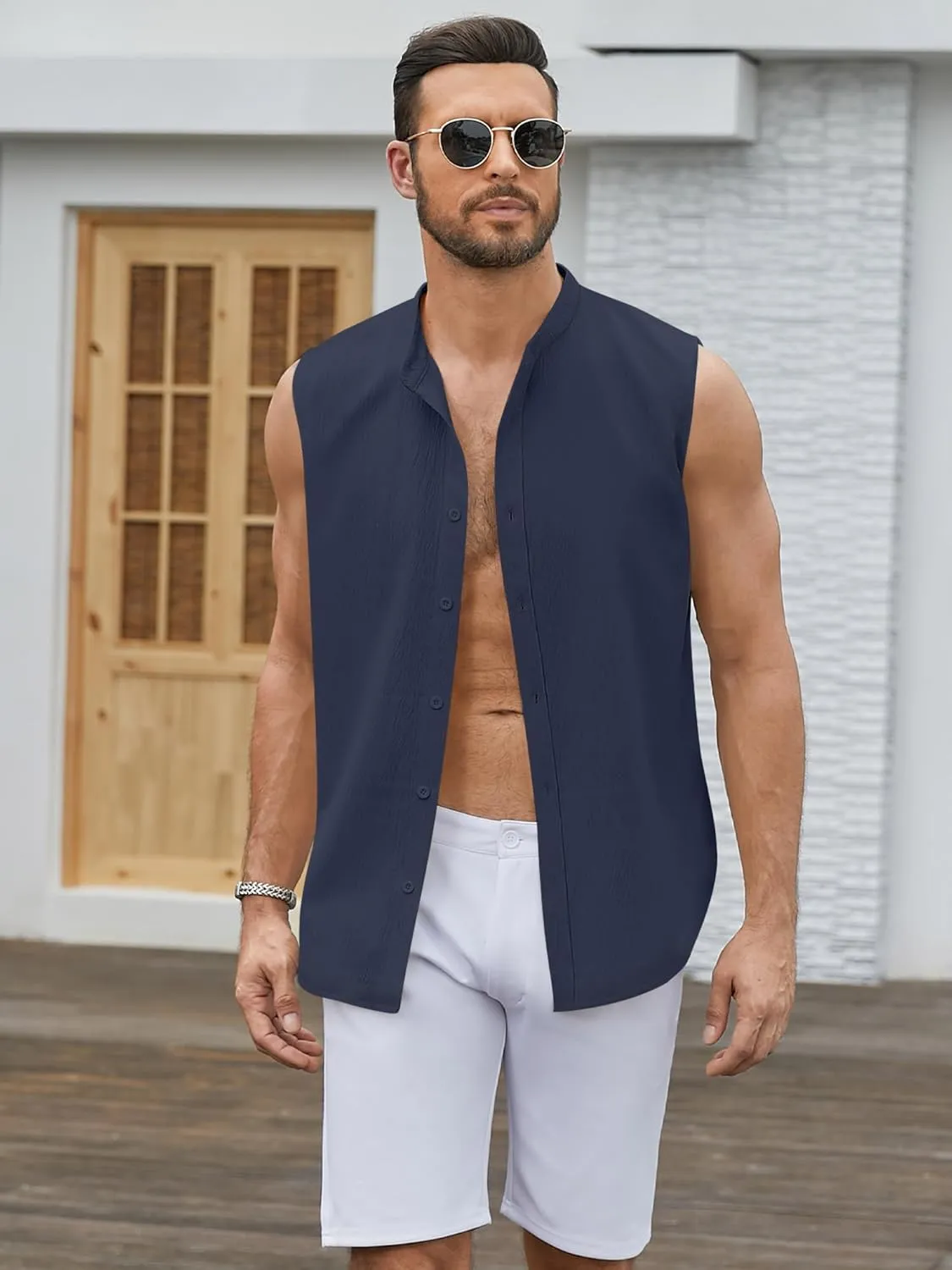 Men's Button Down Sleeveless Shirts Summer Beach Tank Tops Casual Textured Tank T-Shirt
