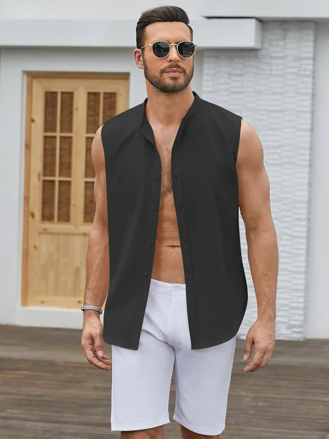 Men's Button Down Sleeveless Shirts Summer Beach Tank Tops Casual Textured Tank T-Shirt