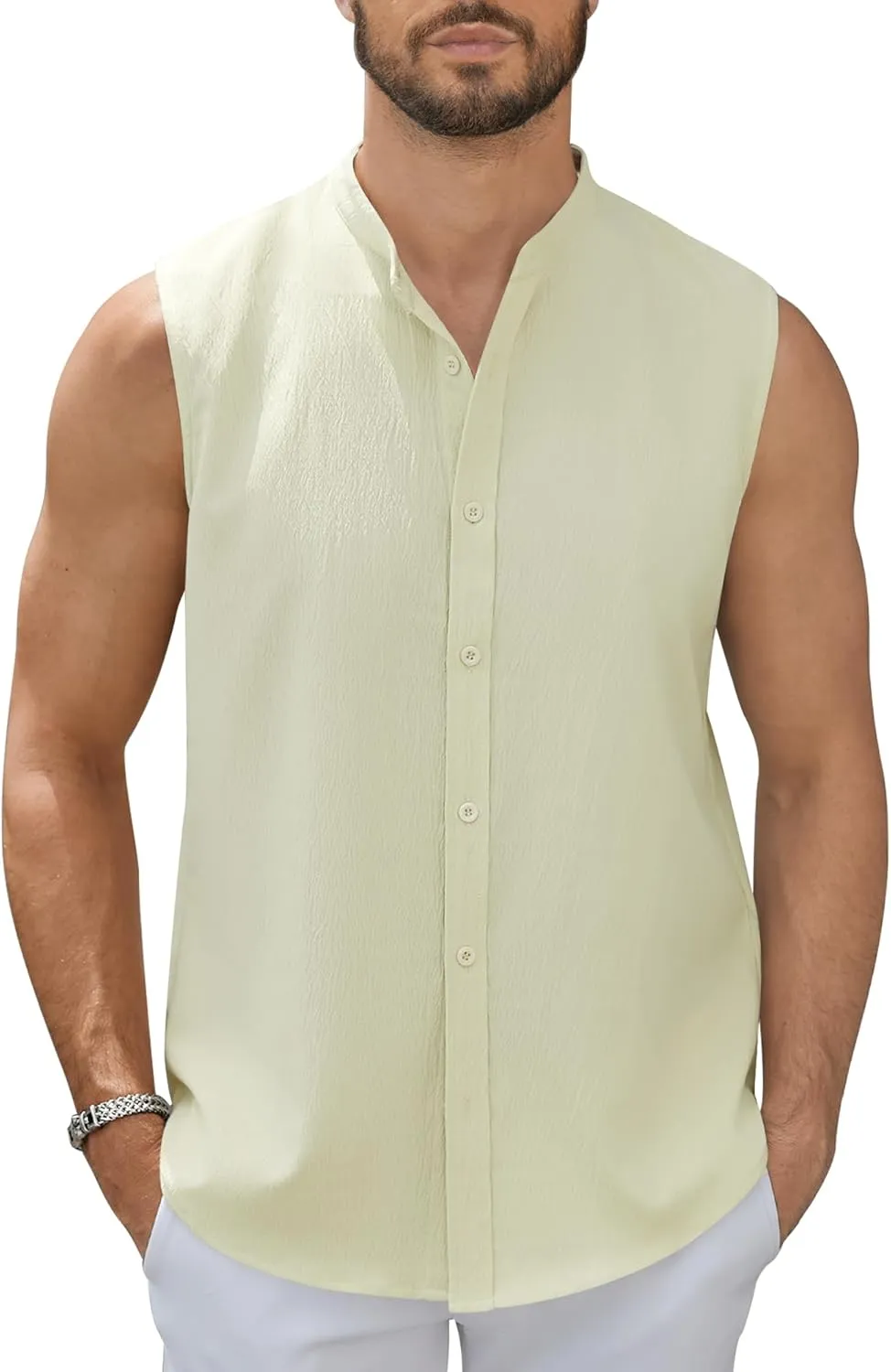 Men's Button Down Sleeveless Shirts Summer Beach Tank Tops Casual Textured Tank T-Shirt