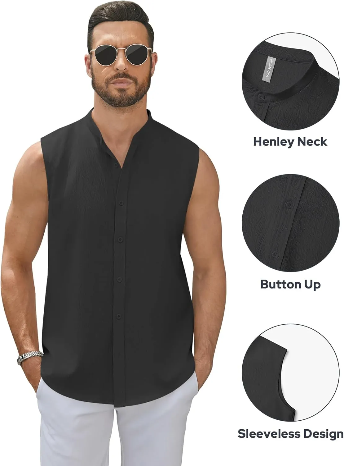 Men's Button Down Sleeveless Shirts Summer Beach Tank Tops Casual Textured Tank T-Shirt