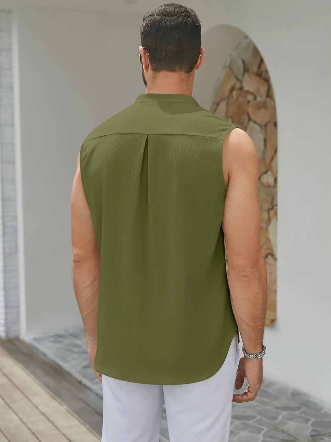 Men's Button Down Sleeveless Shirts Summer Beach Tank Tops Casual Textured Tank T-Shirt