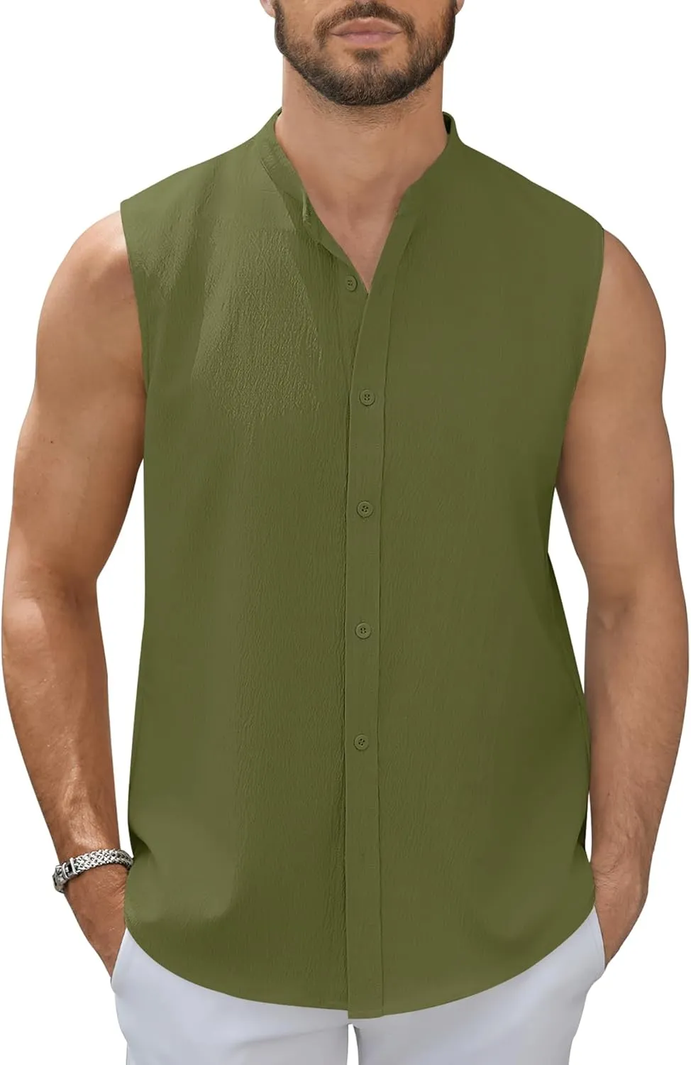 Men's Button Down Sleeveless Shirts Summer Beach Tank Tops Casual Textured Tank T-Shirt