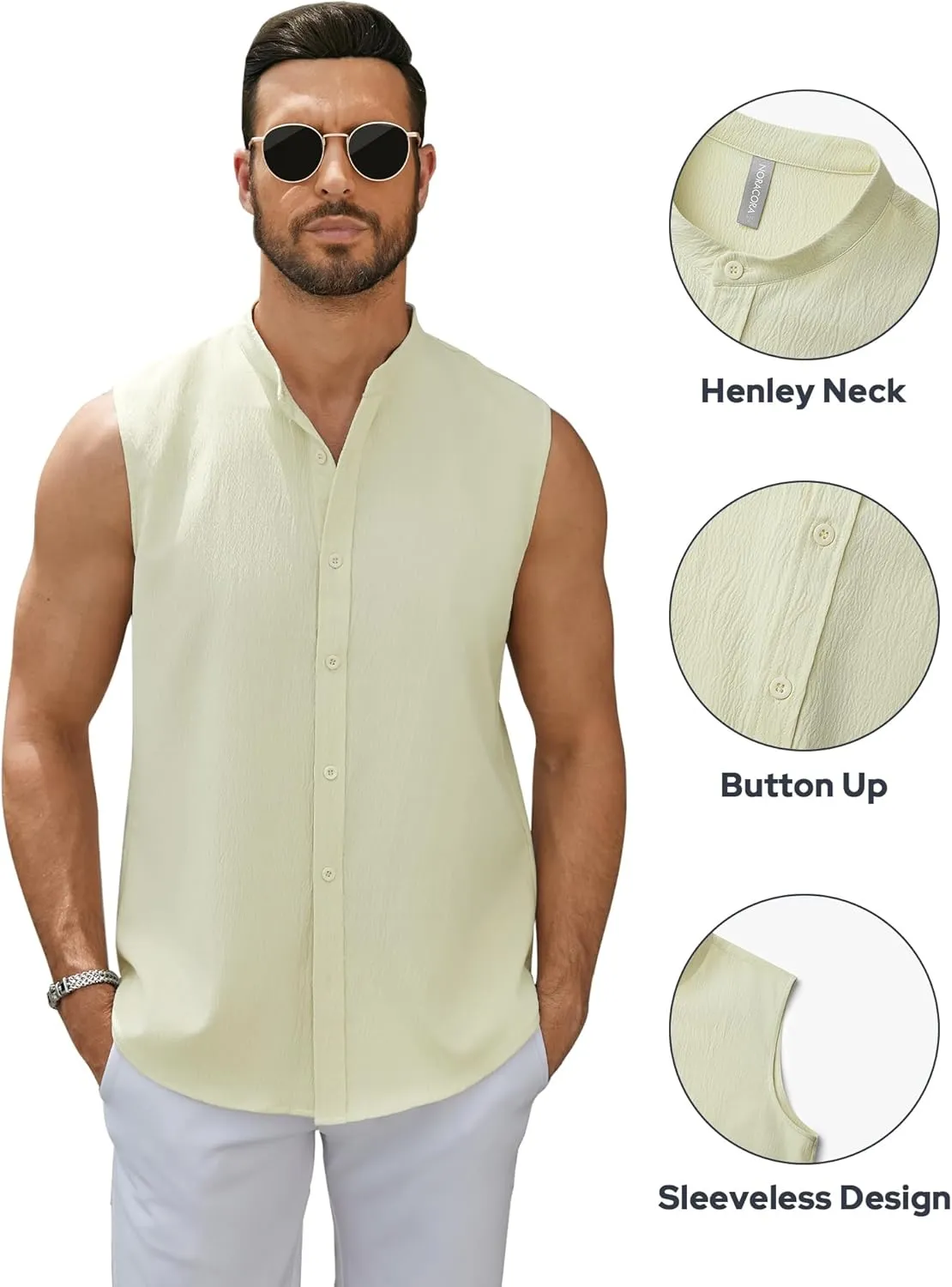 Men's Button Down Sleeveless Shirts Summer Beach Tank Tops Casual Textured Tank T-Shirt