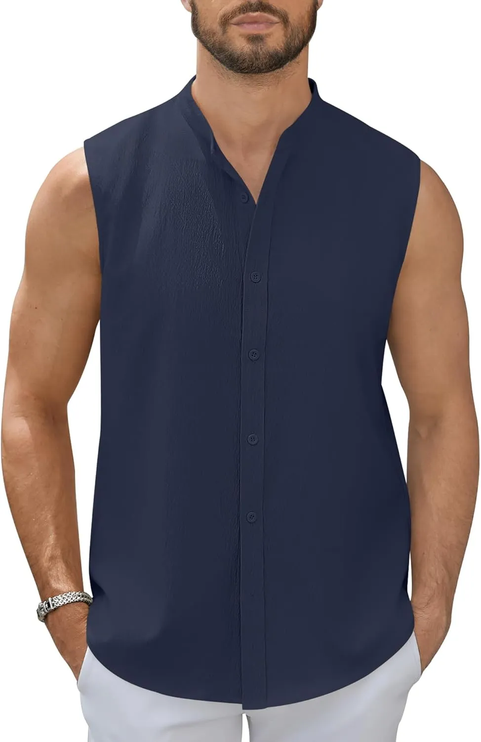 Men's Button Down Sleeveless Shirts Summer Beach Tank Tops Casual Textured Tank T-Shirt
