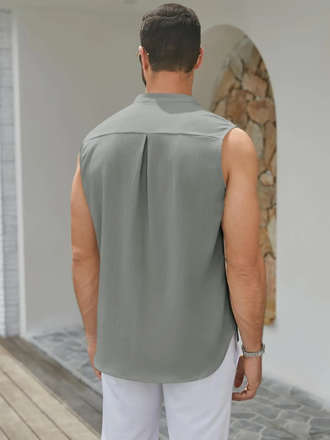 Men's Button Down Sleeveless Shirts Summer Beach Tank Tops Casual Textured Tank T-Shirt