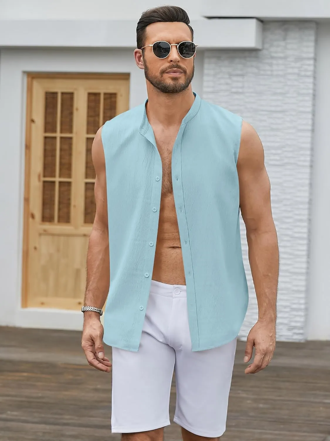 Men's Button Down Sleeveless Shirts Summer Beach Tank Tops Casual Textured Tank T-Shirt