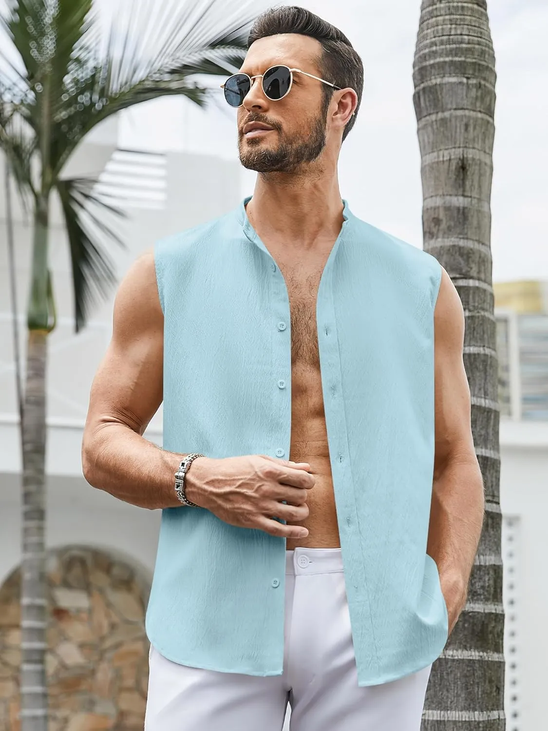 Men's Button Down Sleeveless Shirts Summer Beach Tank Tops Casual Textured Tank T-Shirt