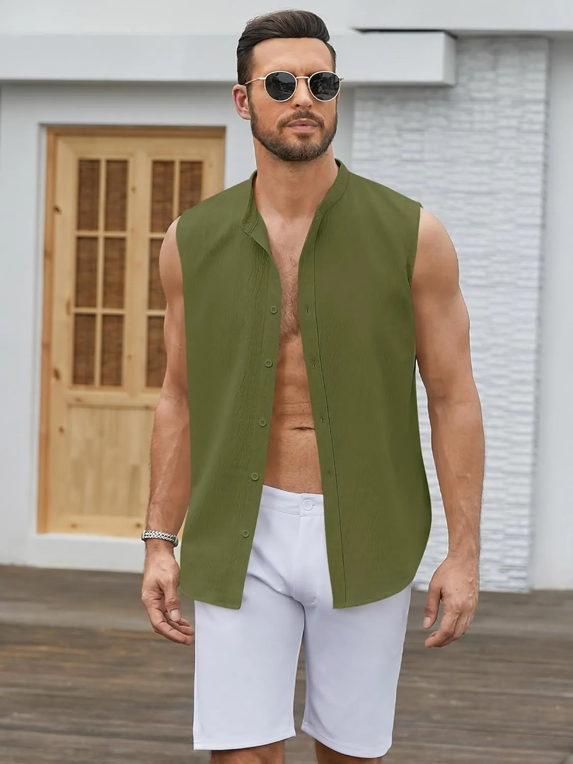Men's Button Down Sleeveless Shirts Summer Beach Tank Tops Casual Textured Tank T-Shirt