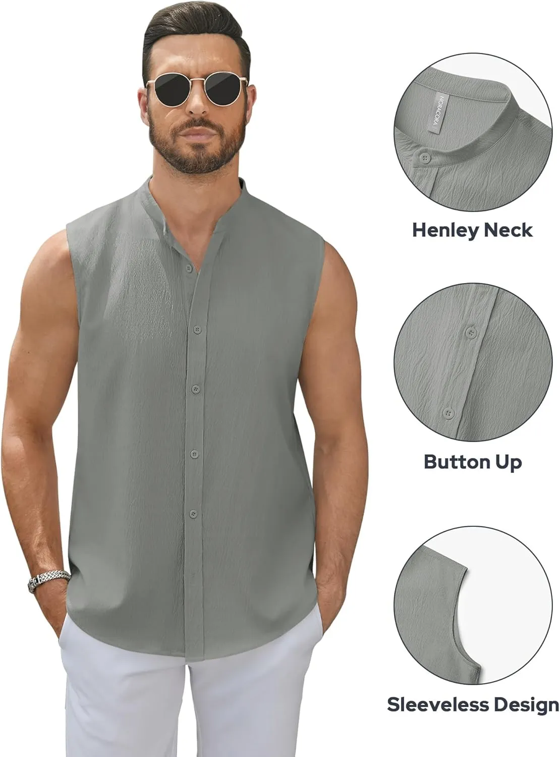 Men's Button Down Sleeveless Shirts Summer Beach Tank Tops Casual Textured Tank T-Shirt
