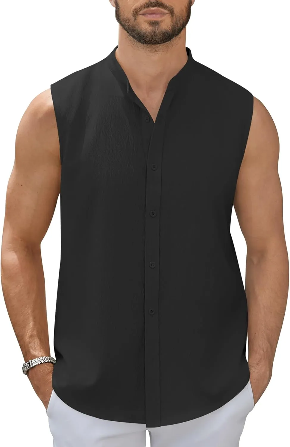Men's Button Down Sleeveless Shirts Summer Beach Tank Tops Casual Textured Tank T-Shirt