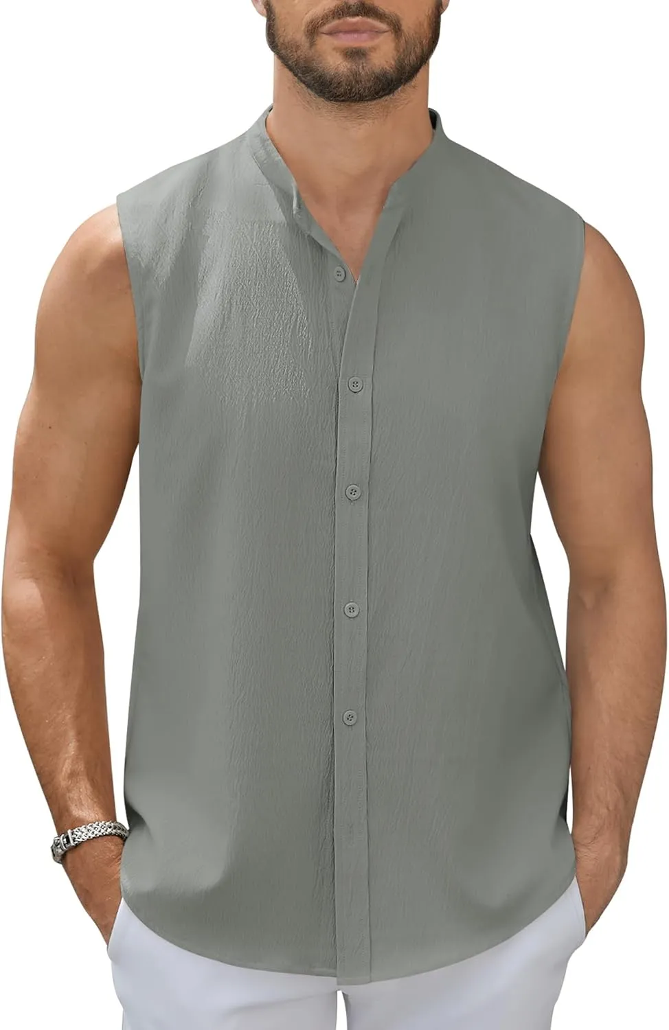 Men's Button Down Sleeveless Shirts Summer Beach Tank Tops Casual Textured Tank T-Shirt