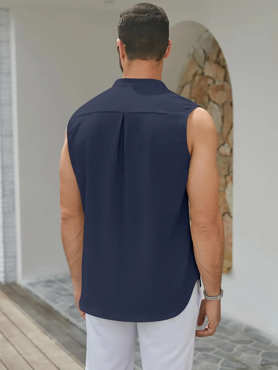 Men's Button Down Sleeveless Shirts Summer Beach Tank Tops Casual Textured Tank T-Shirt