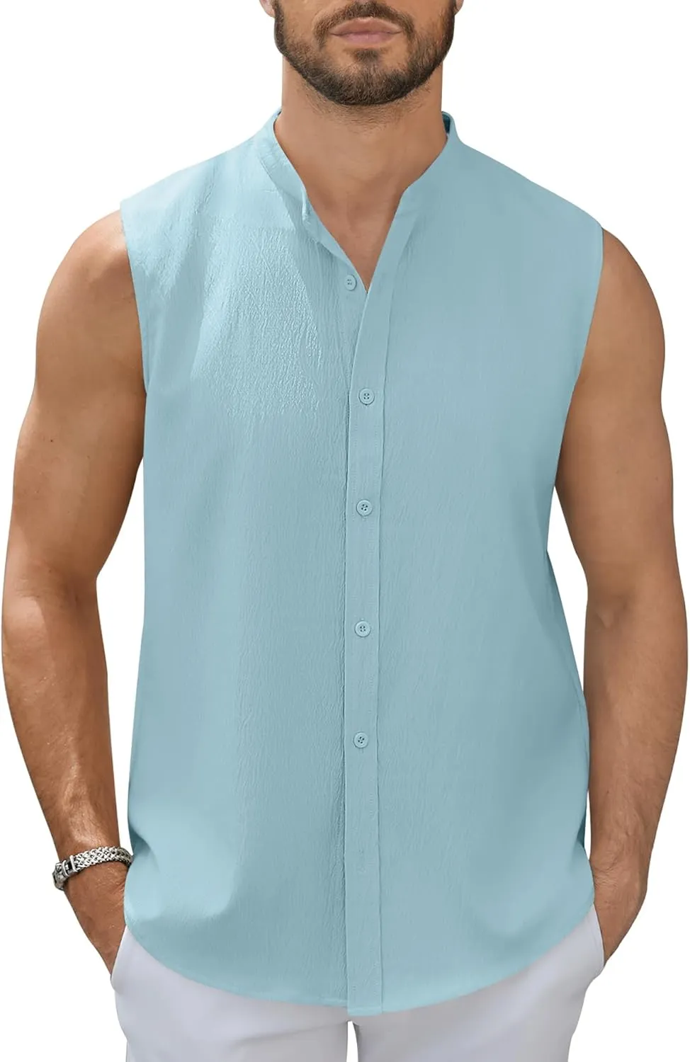 Men's Button Down Sleeveless Shirts Summer Beach Tank Tops Casual Textured Tank T-Shirt