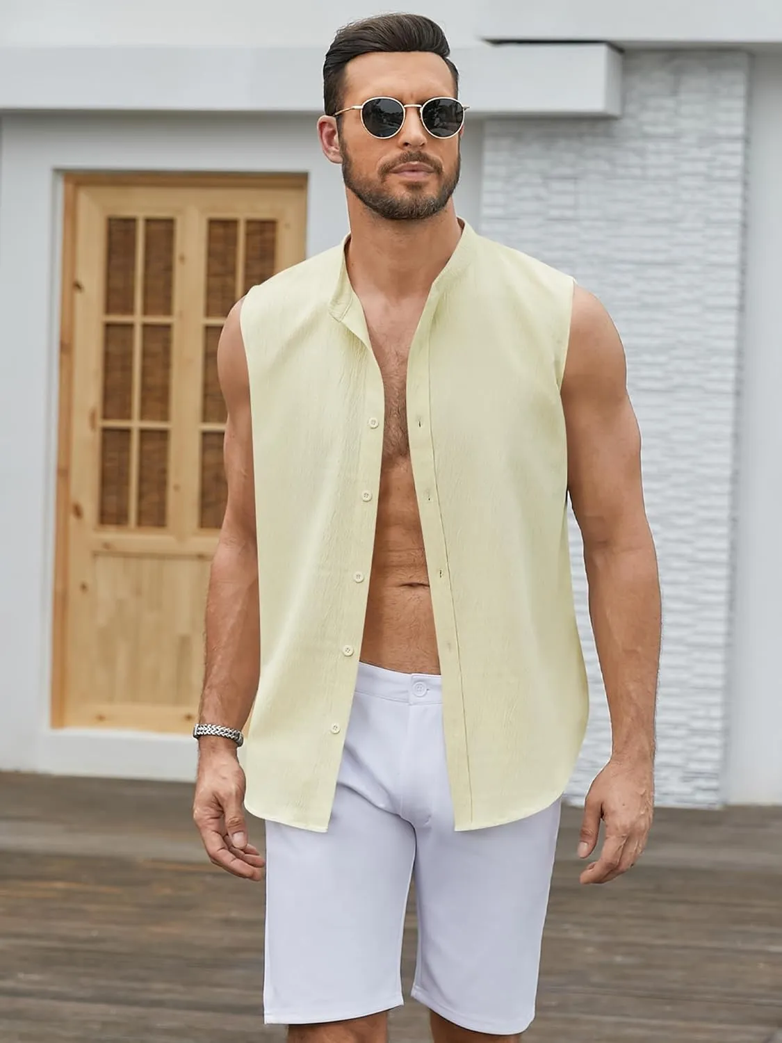 Men's Button Down Sleeveless Shirts Summer Beach Tank Tops Casual Textured Tank T-Shirt