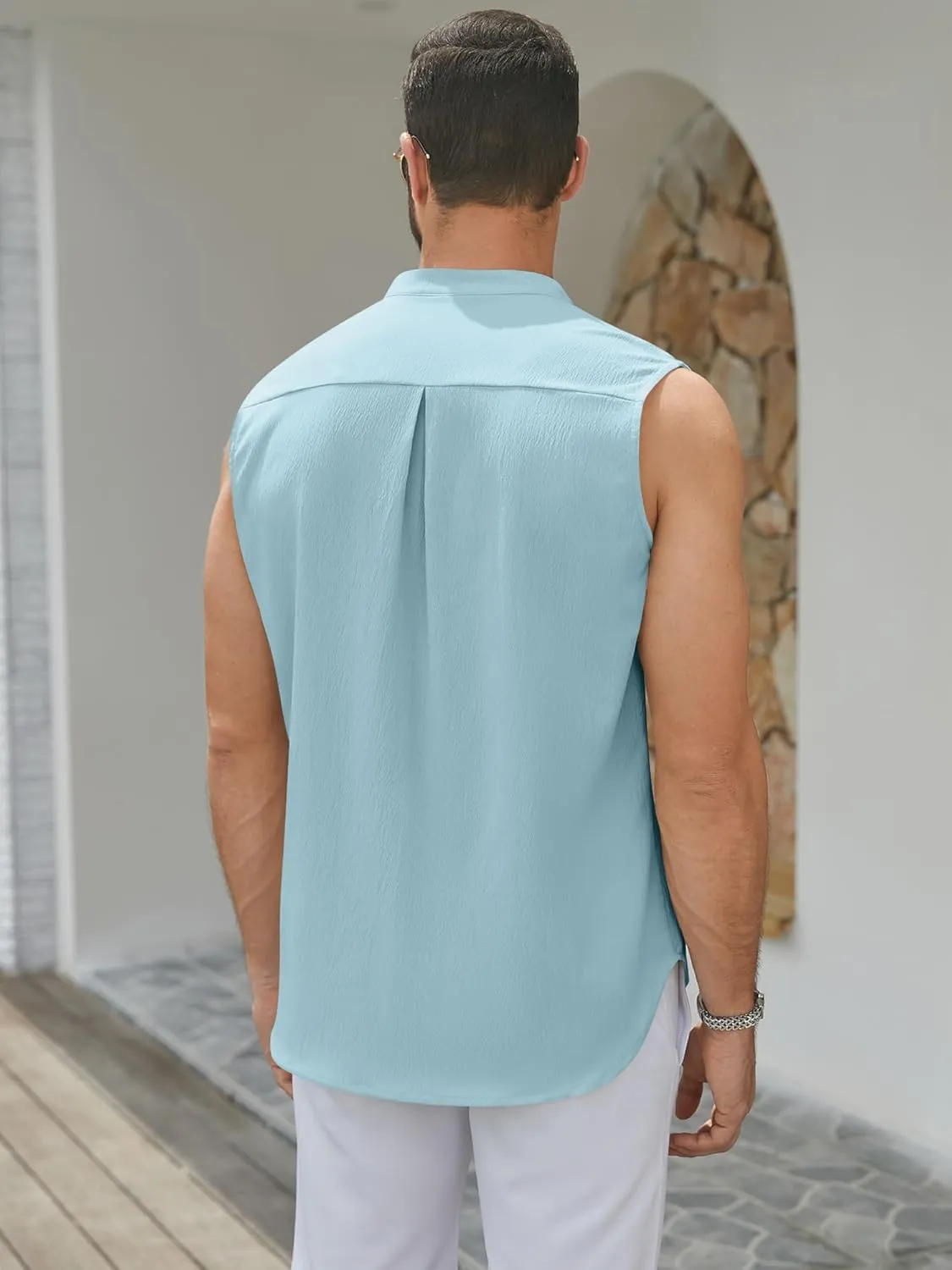 Men's Button Down Sleeveless Shirts Summer Beach Tank Tops Casual Textured Tank T-Shirt
