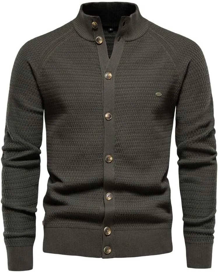 Mens Cardigan Sweater Casual Long Sleeve Mock Neck Button Down Knitted Cardigan Sweaters Jacket with Pockets