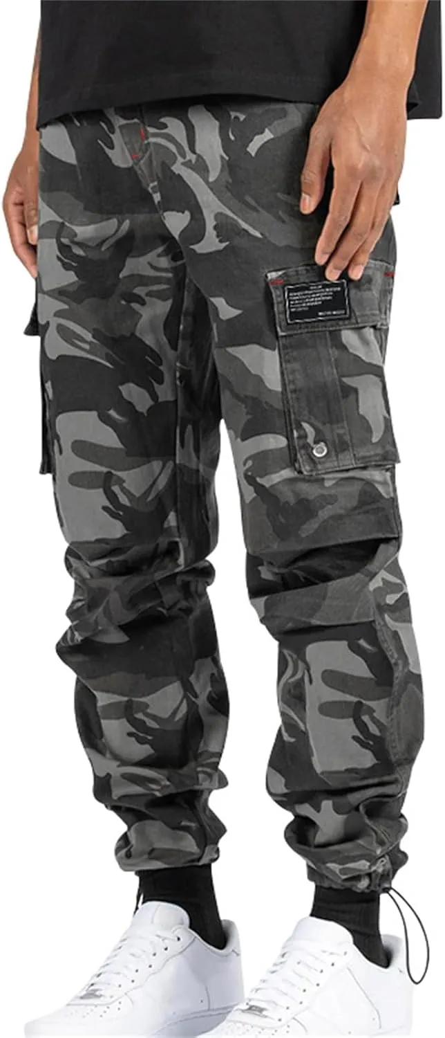 Mens Cargo Pants Joggers Relaxed Fit Cotton Twill with Stretch Drawstring Waist & Zipper Pockets for Outdoor