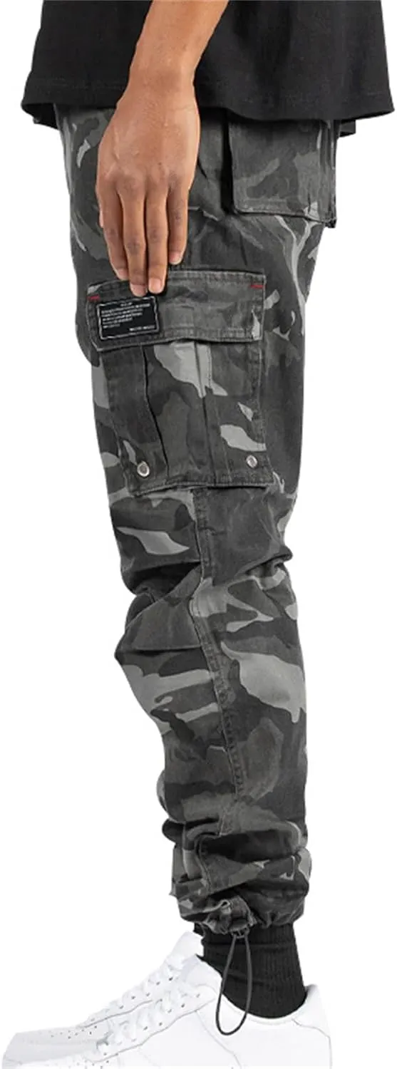 Mens Cargo Pants Joggers Relaxed Fit Cotton Twill with Stretch Drawstring Waist & Zipper Pockets for Outdoor