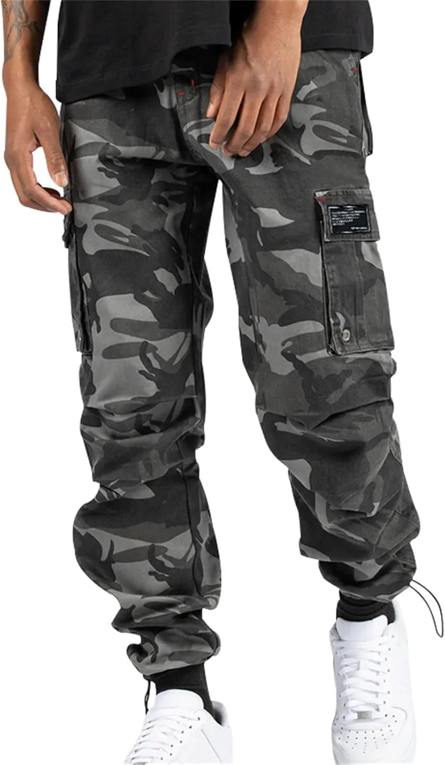 Mens Cargo Pants Joggers Relaxed Fit Cotton Twill with Stretch Drawstring Waist & Zipper Pockets for Outdoor