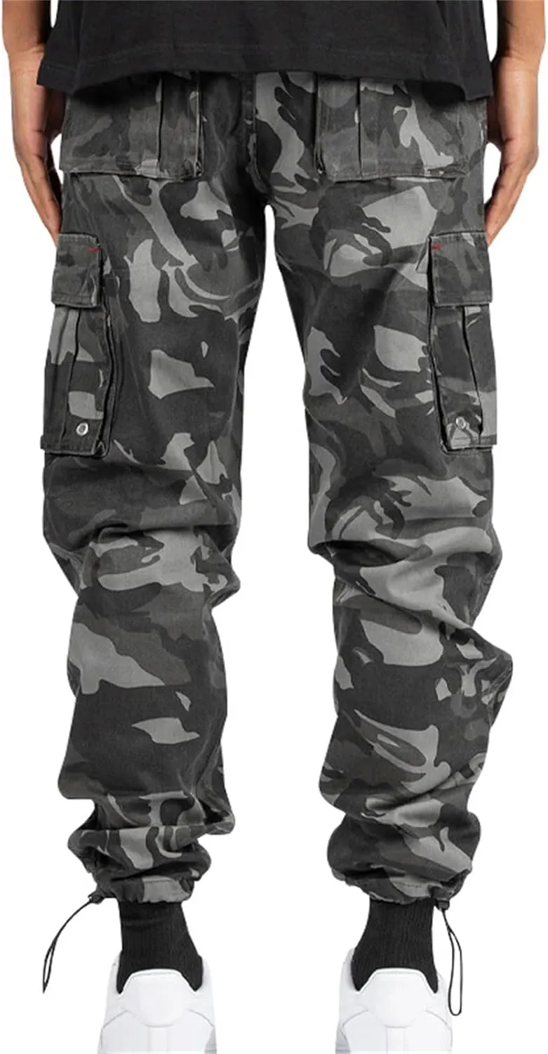Mens Cargo Pants Joggers Relaxed Fit Cotton Twill with Stretch Drawstring Waist & Zipper Pockets for Outdoor