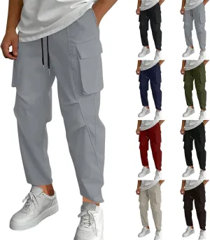 Mens Cargo Pants Relaxed Fit Elastic Waist Stretch Drawstring Tactical Pants Outdoor Running Hiking Pant with Pockets