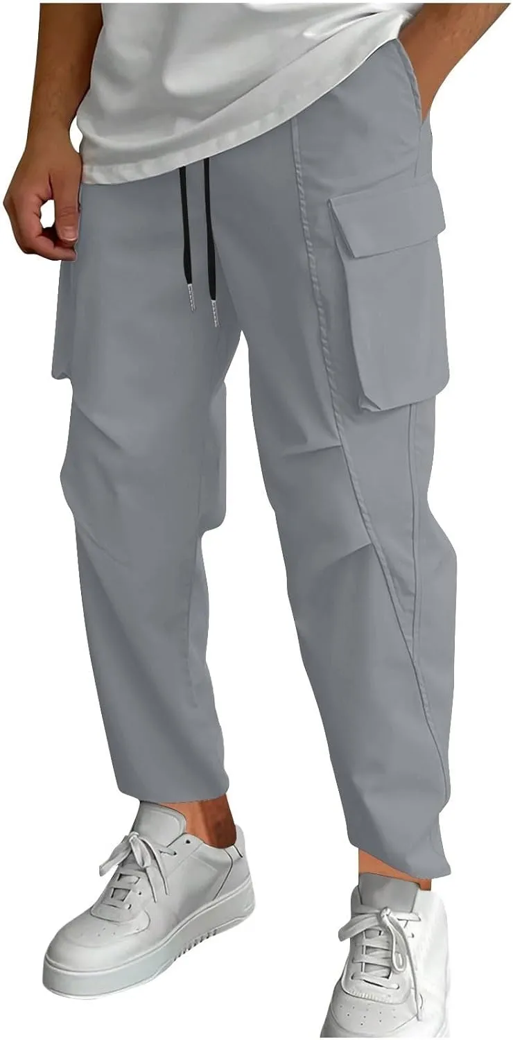 Mens Cargo Pants Relaxed Fit Elastic Waist Stretch Drawstring Tactical Pants Outdoor Running Hiking Pant with Pockets