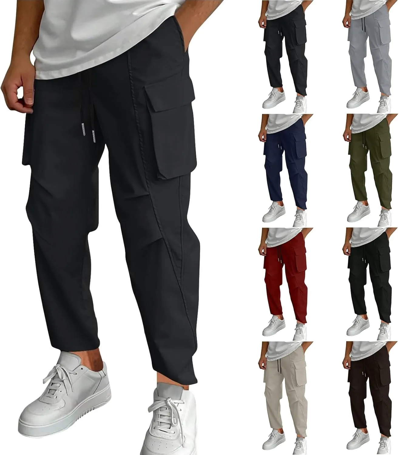 Mens Cargo Pants Relaxed Fit Elastic Waist Stretch Drawstring Tactical Pants Outdoor Running Hiking Pant with Pockets