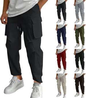 Mens Cargo Pants Relaxed Fit Elastic Waist Stretch Drawstring Tactical Pants Outdoor Running Hiking Pant with Pockets
