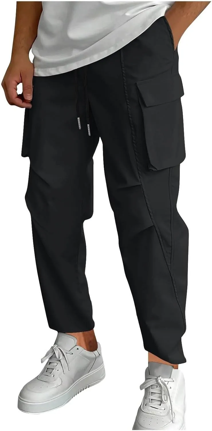 Mens Cargo Pants Relaxed Fit Elastic Waist Stretch Drawstring Tactical Pants Outdoor Running Hiking Pant with Pockets