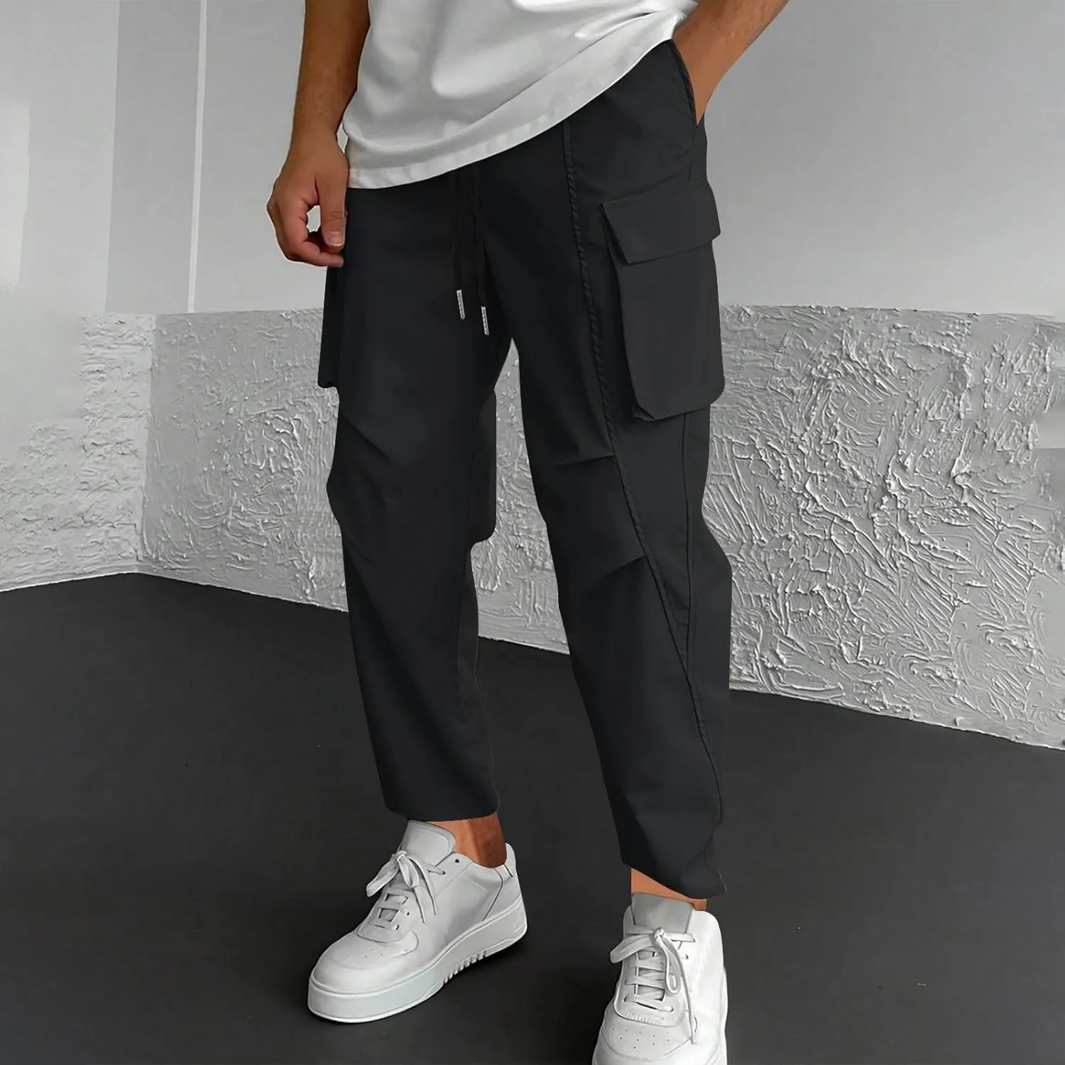 Mens Cargo Pants Relaxed Fit Elastic Waist Stretch Drawstring Tactical Pants Outdoor Running Hiking Pant with Pockets
