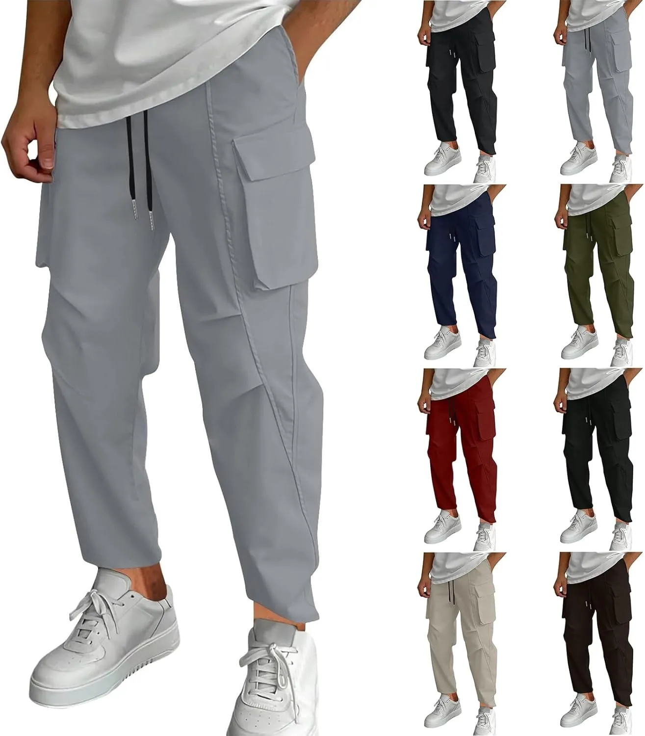 Mens Cargo Pants Relaxed Fit Elastic Waist Stretch Drawstring Tactical Pants Outdoor Running Hiking Pant with Pockets