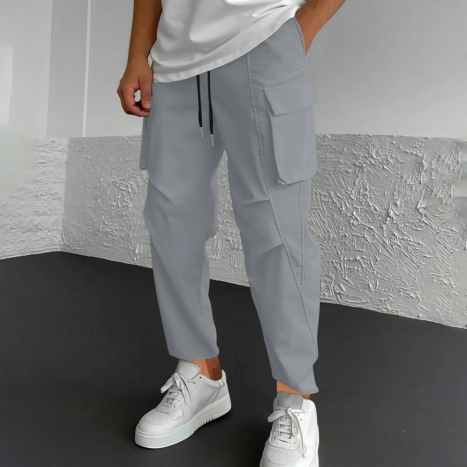 Mens Cargo Pants Relaxed Fit Elastic Waist Stretch Drawstring Tactical Pants Outdoor Running Hiking Pant with Pockets