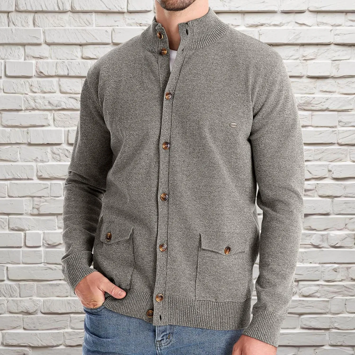 Mens Casual Cardigan Sweater Long Sleeve Mock Neck Button Down Knit Cardigan Sweaters Jacket with Pockets